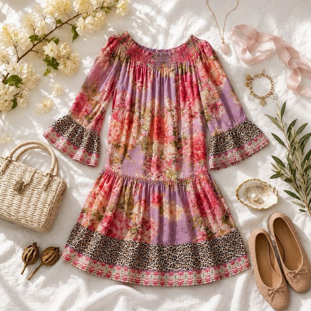 NWT Aratta Floral Leopard Off Shoulder Tunic Dress Small Boho